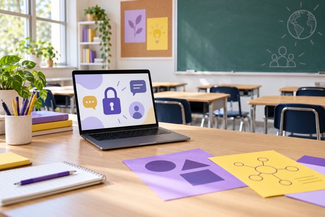 Laptop og farverige undervisningsark på et lærerbord i et lyst klasselokale.