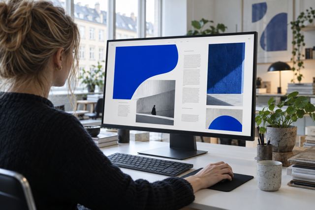 Designer arbejder med et website på en skærm i et lyst studie.
