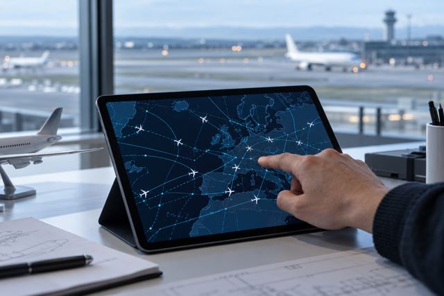 Tablet med et generisk mørkt kort og flysymboler på et designlaboratoriums bord.