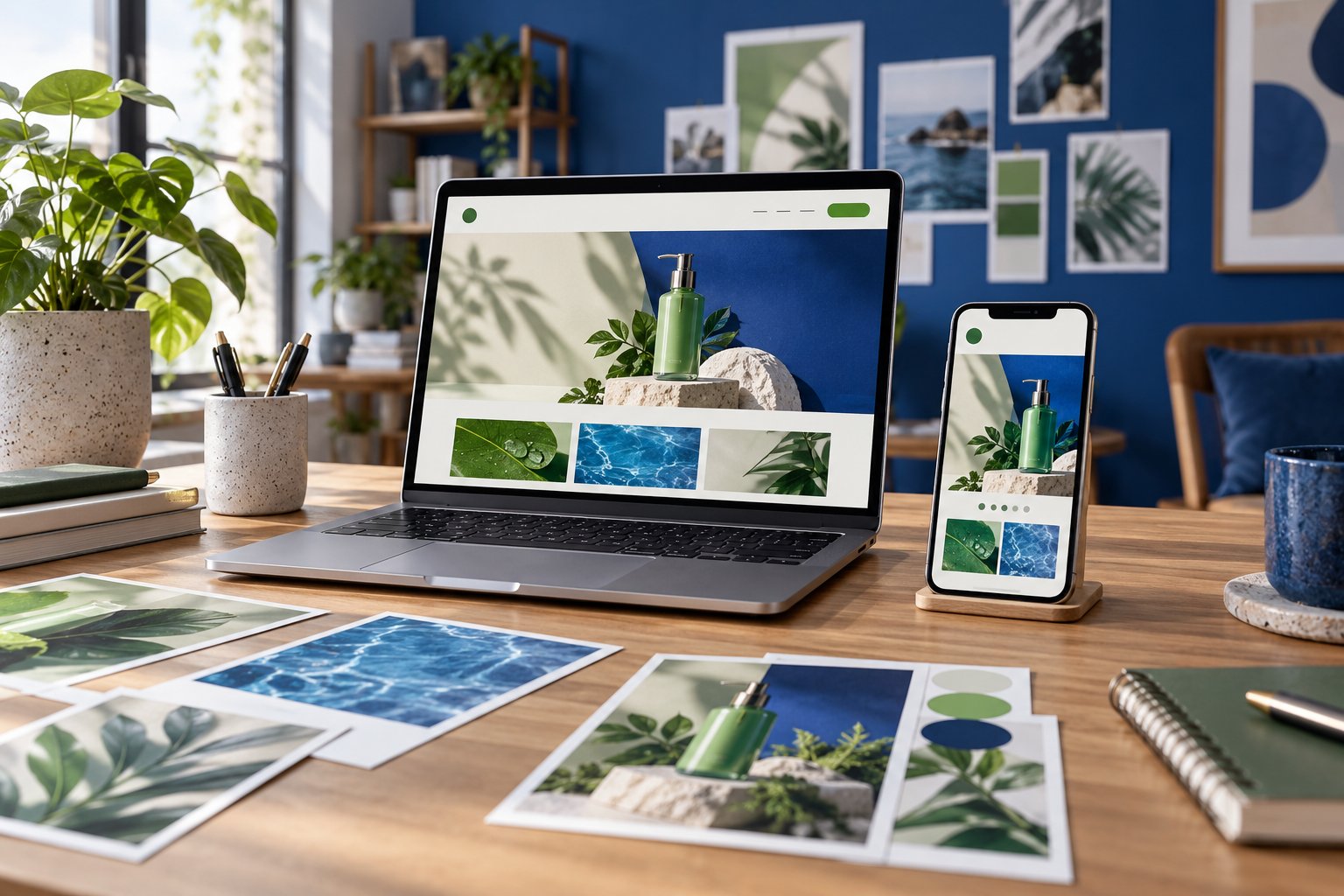 Laptop og telefon med koordinerede grønne og blå kampagnedesigns på et kreativt arbejdsbord.